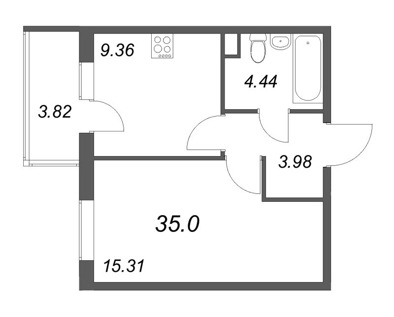 1-комнатная квартира, 35 м² в ЖК "Новая история" - планировка, фото №1