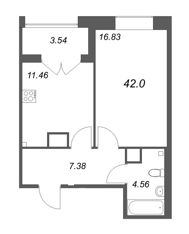 1-комнатная квартира, 42 м² в ЖК "Ranta Residence" - планировка, фото №1