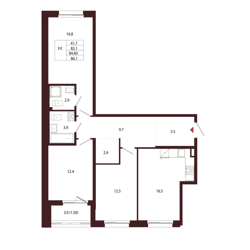 4-комнатная (Евро) квартира, 84.6 м² в ЖК "Лисино" - планировка, фото №1