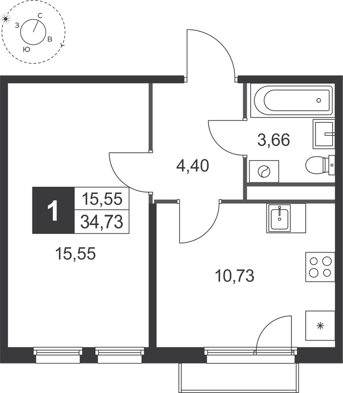 1-комнатная квартира, 34.73 м² в ЖК "Слобода" - планировка, фото №1