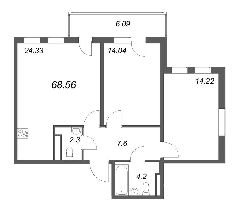 3-комнатная (Евро) квартира, 68.56 м² в ЖК "Новая история" - планировка, фото №1