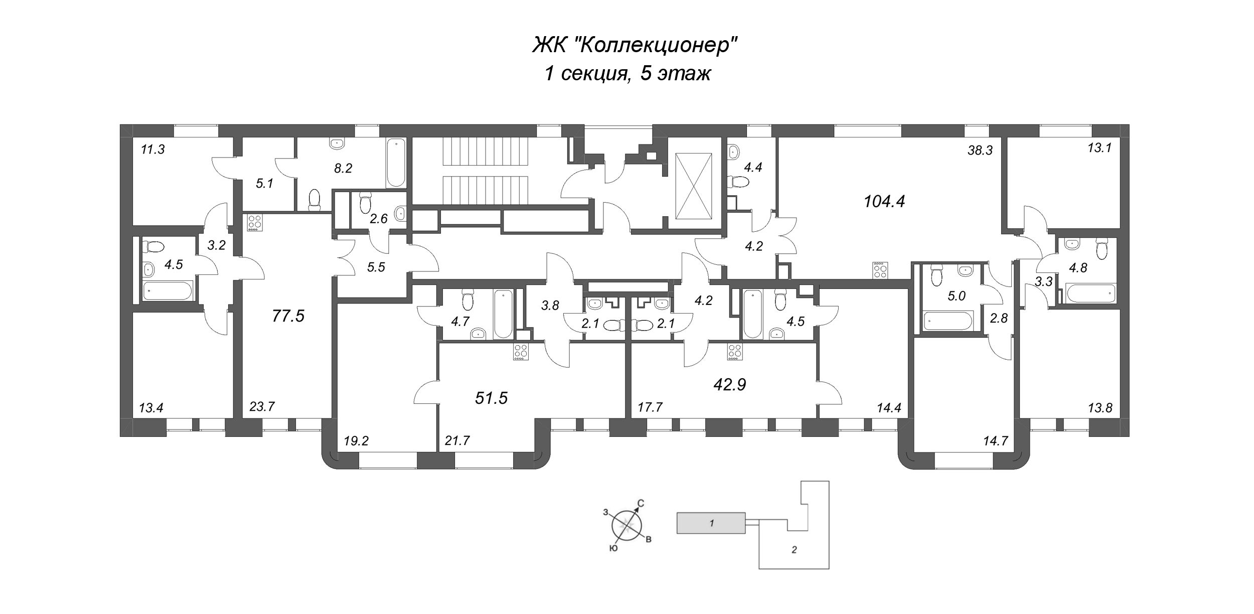 2-комнатная (Евро) квартира, 42.9 м² в ЖК "Коллекционер" - планировка этажа