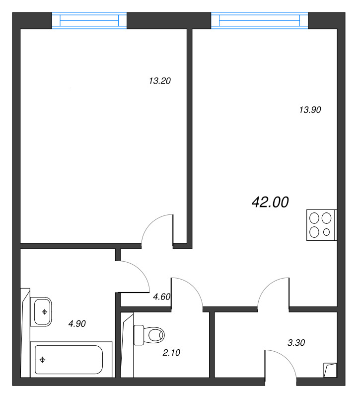 1-комнатная квартира, 42 м² в ЖК "Руднева 15" - планировка, фото №1