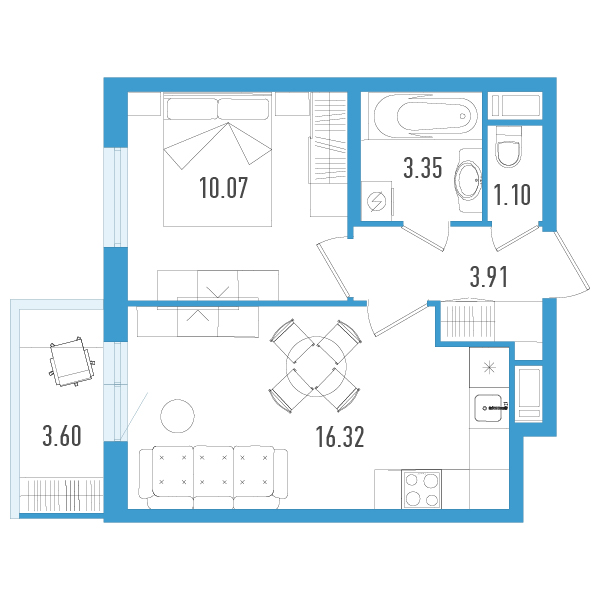 2-комнатная (Евро) квартира, 35.83 м² - планировка, фото №1
