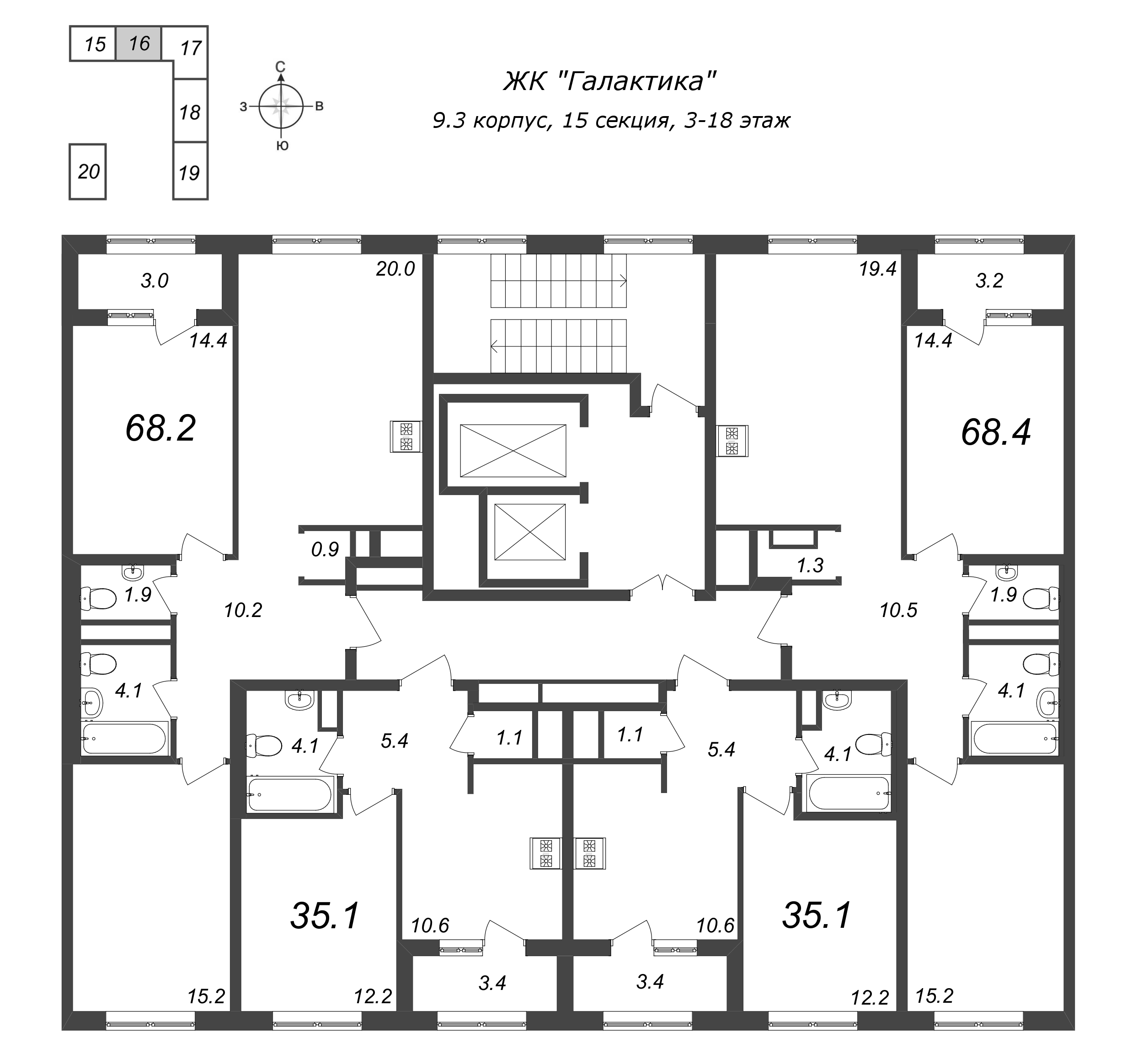 1-комнатная квартира, 35 м² - планировка этажа