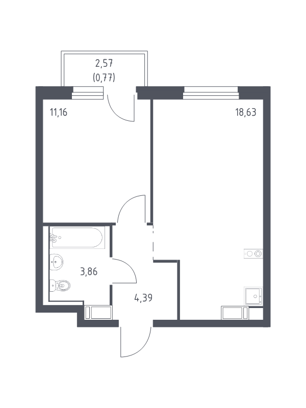 2-комнатная (Евро) квартира, 38.81 м² в ЖК "Квартал Торики" - планировка, фото №1