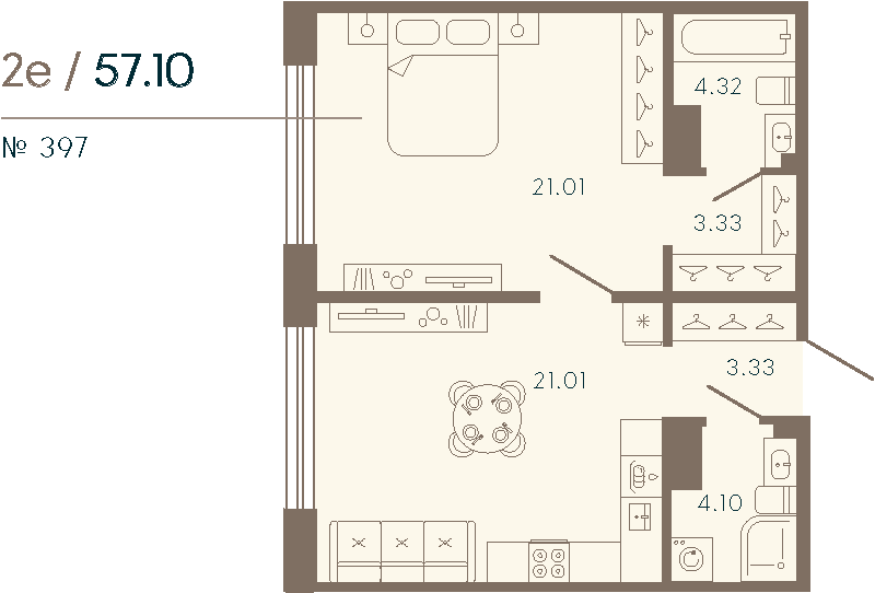 2-комнатная (Евро) квартира, 57.1 м² в ЖК "17/33 Петровский остров" - планировка, фото №1