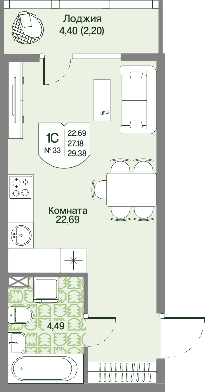 Квартира-студия, 29.38 м² в ЖК "Охтинские высоты" - планировка, фото №1