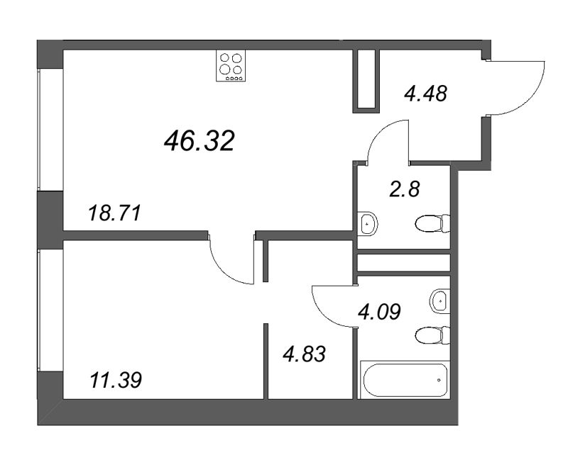 2-комнатная (Евро) квартира, 46.32 м² в ЖК "Avant" - планировка, фото №1