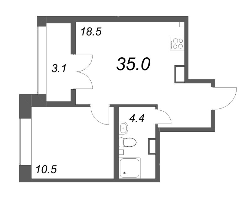 2-комнатная (Евро) квартира, 35 м² в ЖК "NewПитер 2.0" - планировка, фото №1