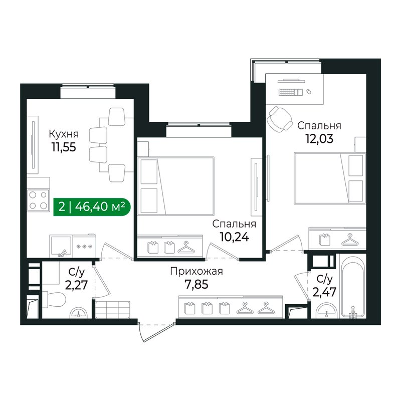 2-комнатная квартира, 45.9 м² в ЖК "Сертолово Парк" - планировка, фото №1