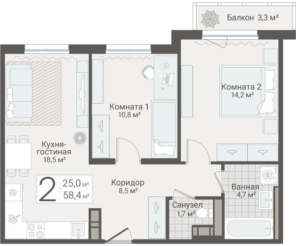 3-комнатная (Евро) квартира, 58.4 м² в ЖК "Руднева 15" - планировка, фото №1