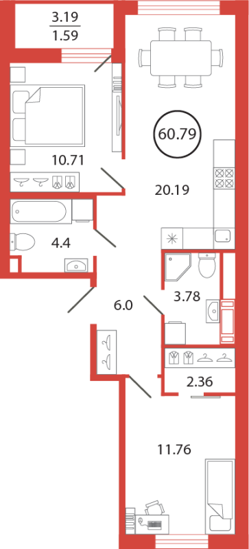 3-комнатная (Евро) квартира, 60.79 м² - планировка, фото №1