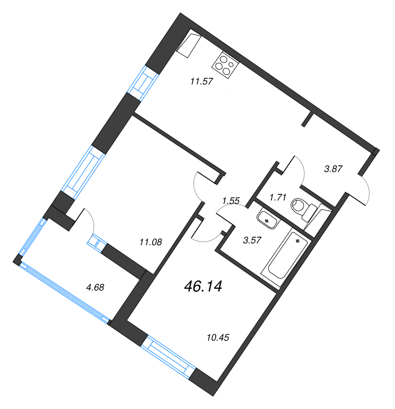 2-комнатная квартира, 48.48 м² - планировка, фото №1