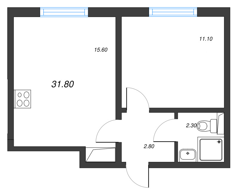 2-комнатная (Евро) квартира, 31.8 м² в ЖК "ЛСР. Ржевский парк" - планировка, фото №1