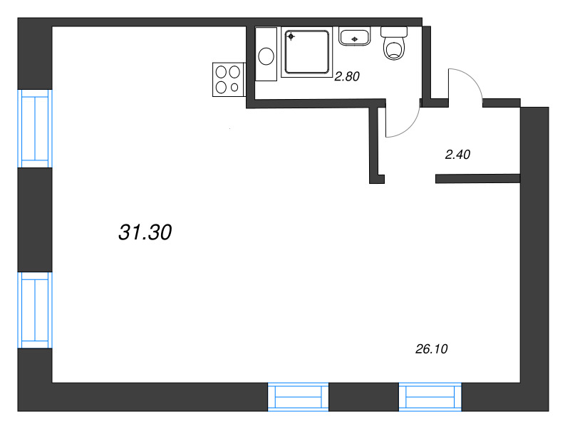 Квартира-студия, 33.1 м² в ЖК "Крона" - планировка, фото №1