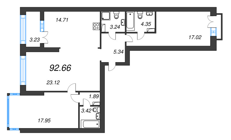 3-комнатная квартира, 92.66 м² в ЖК "Наука" - планировка, фото №1