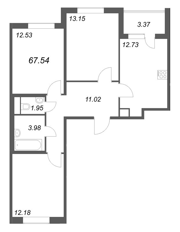 3-комнатная квартира, 67.54 м² в ЖК "ЮгТаун" - планировка, фото №1