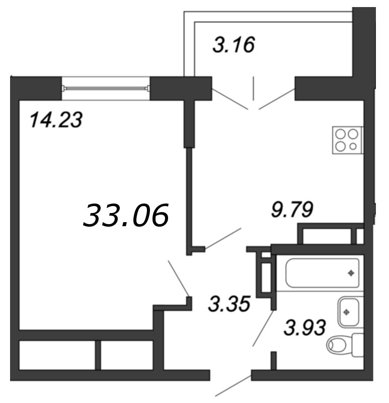 1-комнатная квартира, 33 м² - планировка, фото №1