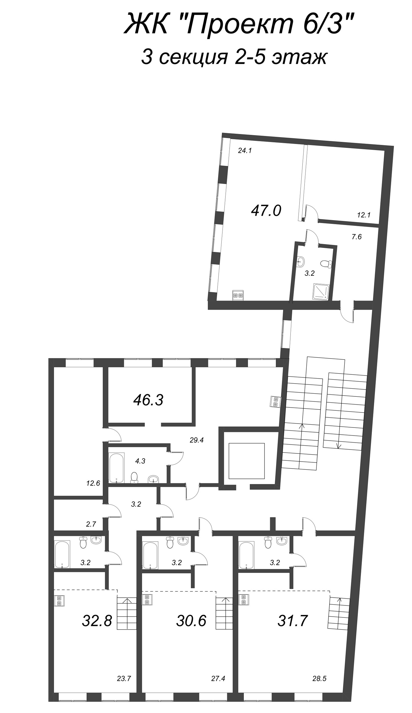 2-комнатная (Евро) квартира, 46.3 м² - планировка этажа