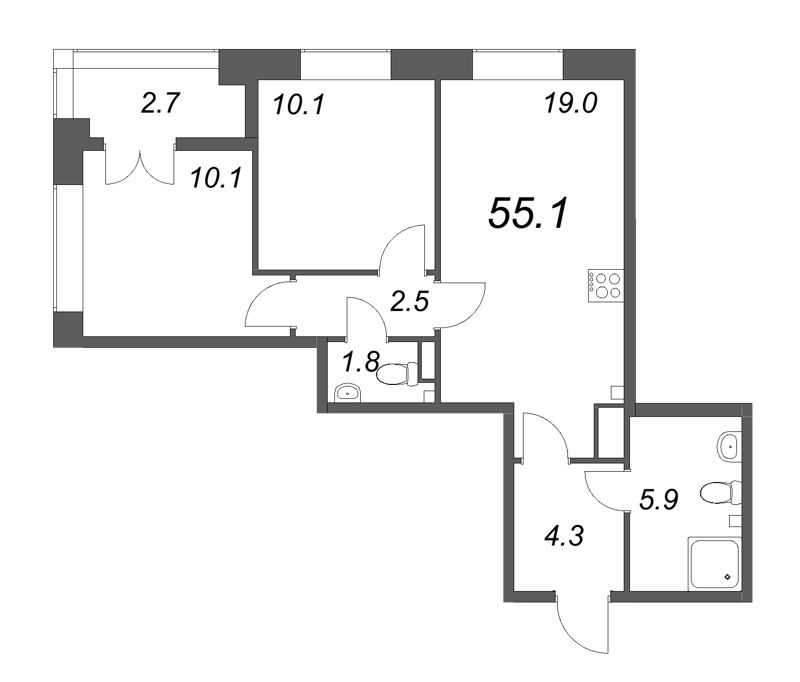 3-комнатная (Евро) квартира, 55.1 м² в ЖК "NewПитер 2.0" - планировка, фото №1