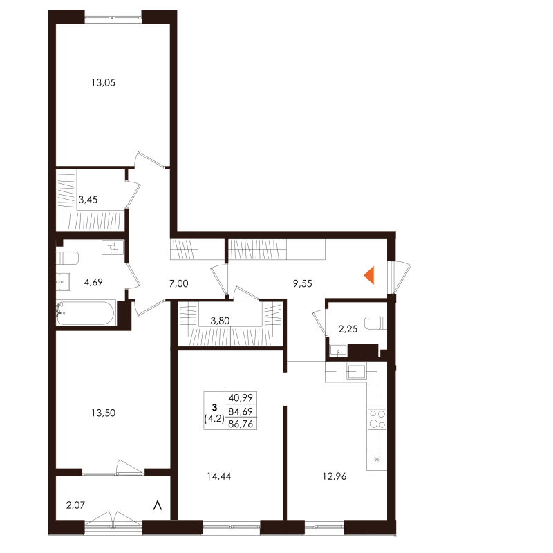 3-комнатная квартира, 86.76 м² - планировка, фото №1