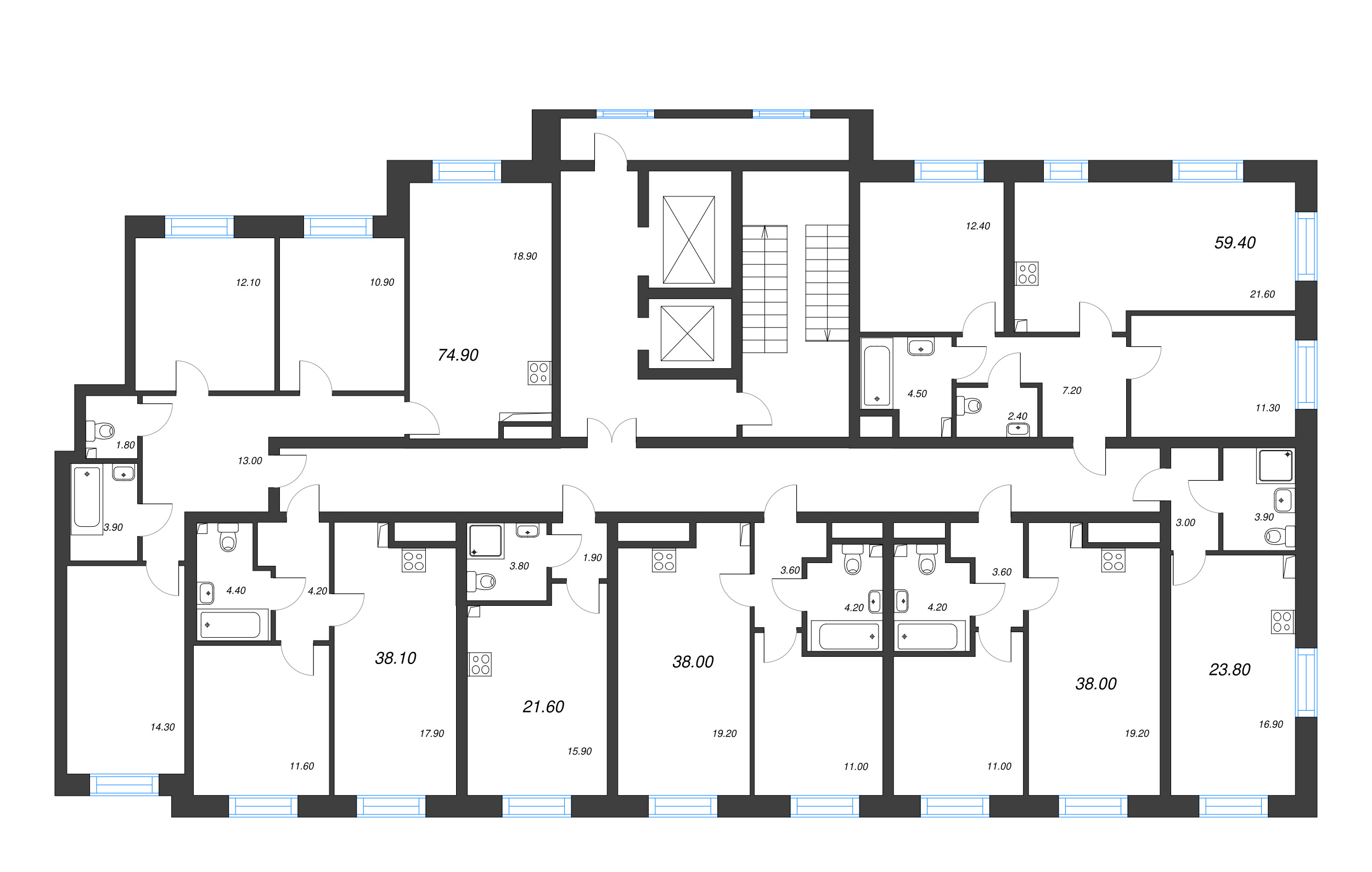 4-комнатная (Евро) квартира, 74.9 м² - планировка этажа