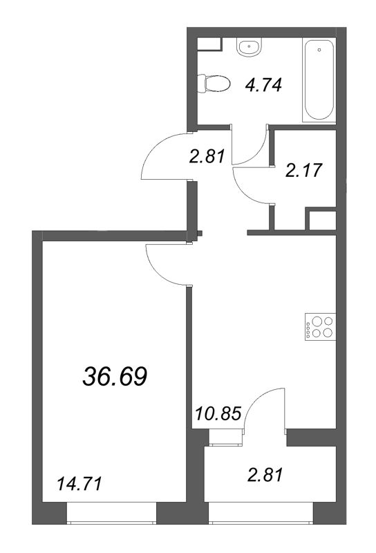 1-комнатная квартира, 36.69 м² в ЖК "Аурум" - планировка, фото №1