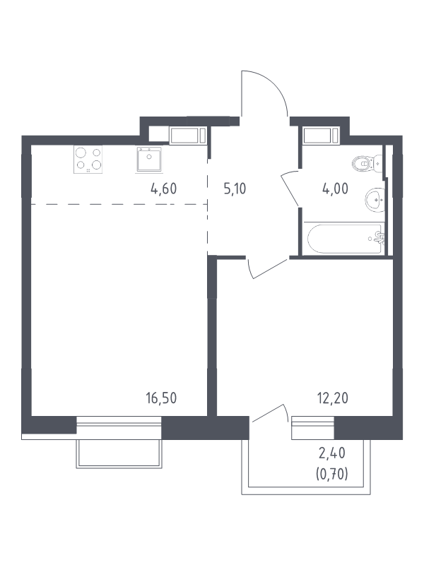 2-комнатная (Евро) квартира, 43.1 м² - планировка, фото №1