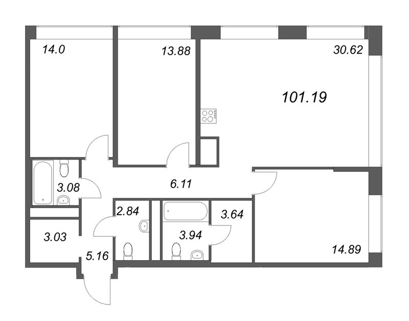 4-комнатная (Евро) квартира, 101.19 м² - планировка, фото №1