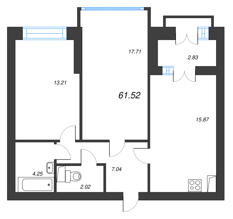 3-комнатная (Евро) квартира, 65.4 м² - планировка, фото №1