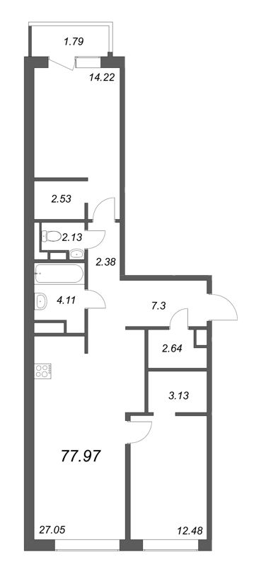 3-комнатная (Евро) квартира, 77.97 м² - планировка, фото №1