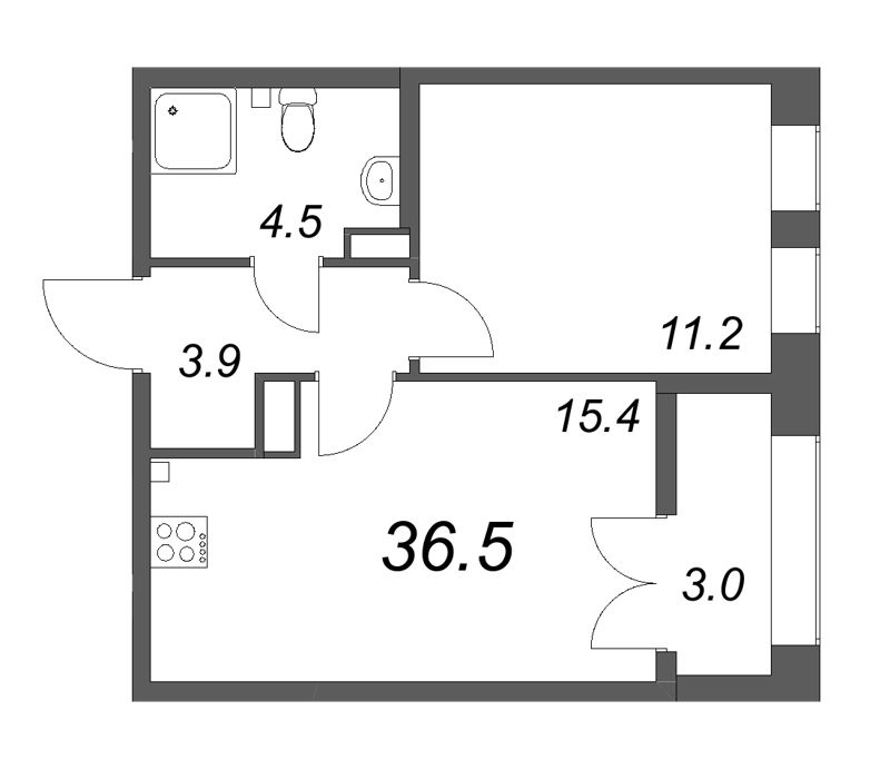 2-комнатная (Евро) квартира, 36.5 м² в ЖК "NewПитер 2.0" - планировка, фото №1