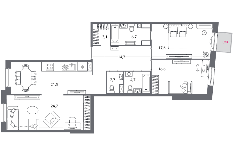 4-комнатная (Евро) квартира, 112.8 м² - планировка, фото №1