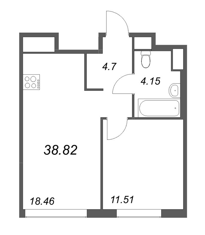 2-комнатная (Евро) квартира, 38.82 м² - планировка, фото №1