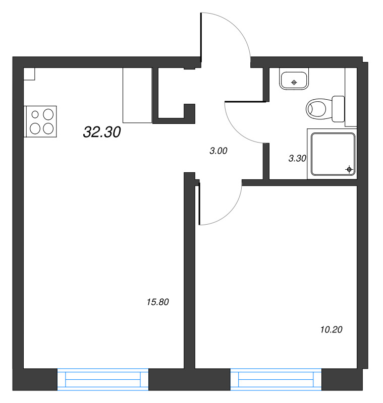 2-комнатная (Евро) квартира, 32.3 м² - планировка, фото №1