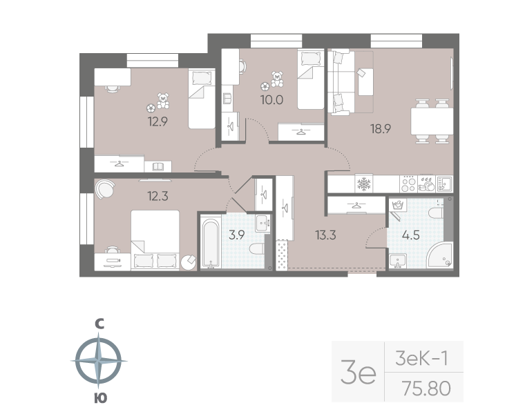 4-комнатная (Евро) квартира, 75.8 м² в ЖК "Большая Охта" - планировка, фото №1
