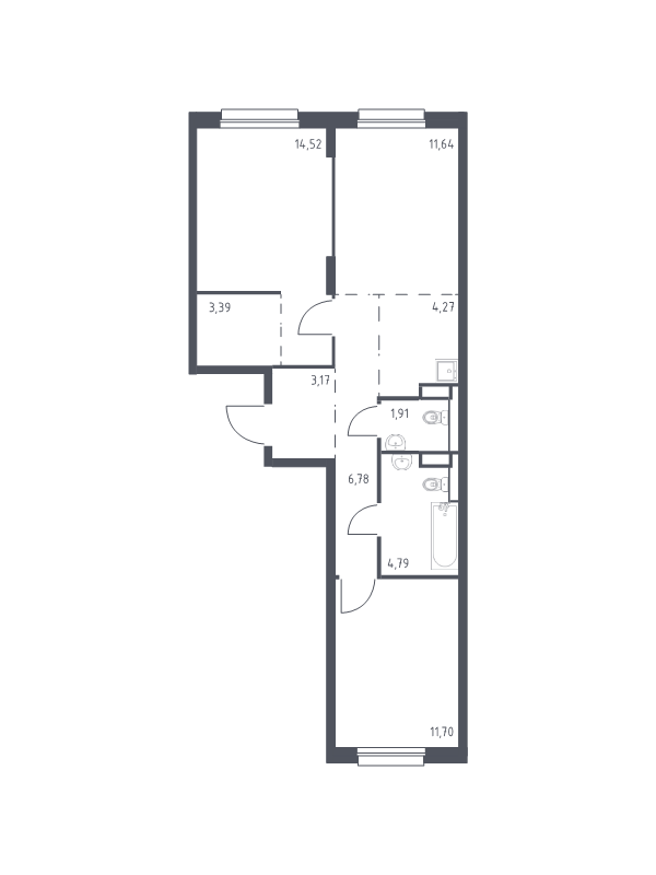 3-комнатная (Евро) квартира, 62.17 м² - планировка, фото №1