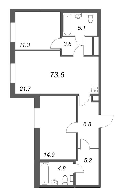 3-комнатная (Евро) квартира, 73.6 м² в ЖК "Коллекционер" - планировка, фото №1