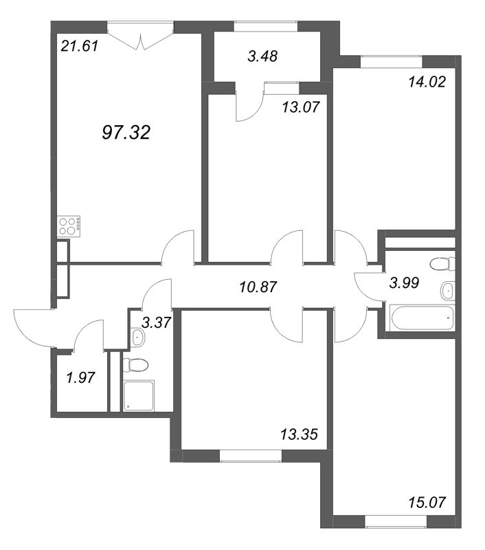 5-комнатная (Евро) квартира, 97.32 м² в ЖК "Дубровский" - планировка, фото №1