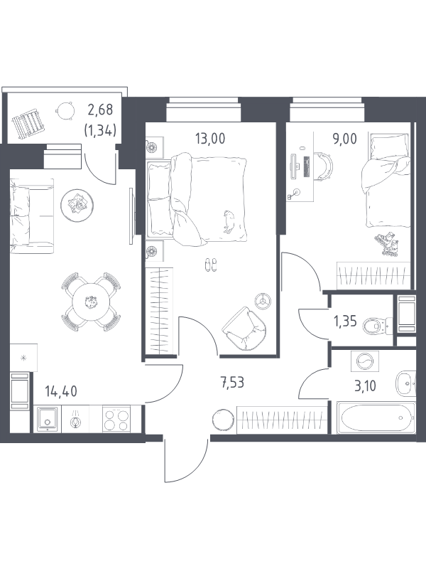 2-комнатная квартира, 49.72 м² в ЖК "Живи! В Рыбацком" - планировка, фото №1