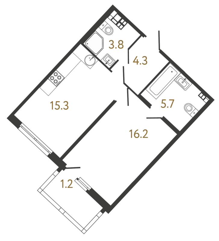 2-комнатная (Евро) квартира, 45.3 м² в ЖК "МИРЪ" - планировка, фото №1