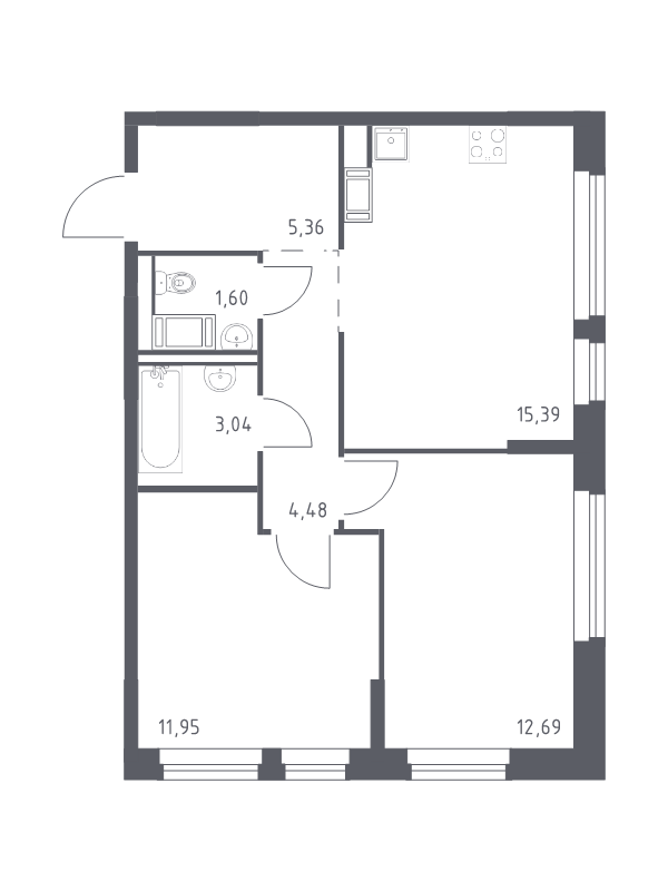 3-комнатная (Евро) квартира, 54.51 м² в ЖК "Новое Колпино" - планировка, фото №1