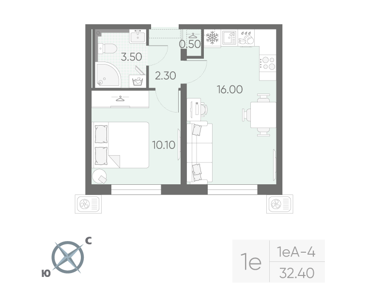 2-комнатная (Евро) квартира, 32.4 м² в ЖК "Зеркальный ручей" - планировка, фото №1