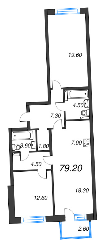 3-комнатная (Евро) квартира, 79.2 м² в ЖК "Цвет Зеленогорска" - планировка, фото №1