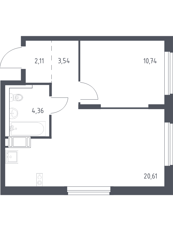 2-комнатная (Евро) квартира, 41.36 м² - планировка, фото №1