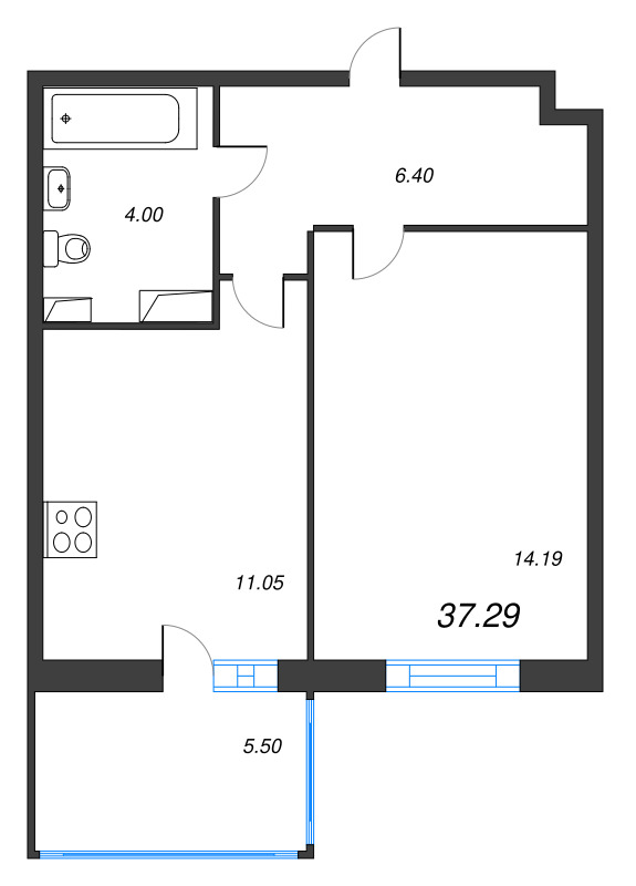 1-комнатная квартира, 37.29 м² - планировка, фото №1