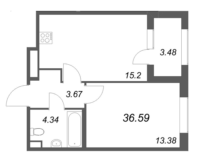 2-комнатная (Евро) квартира, 36.59 м² в ЖК "Дубровский" - планировка, фото №1