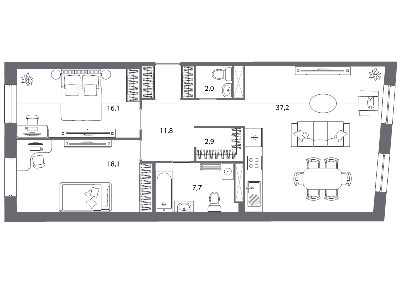 3-комнатная (Евро) квартира, 95.8 м² - планировка, фото №1