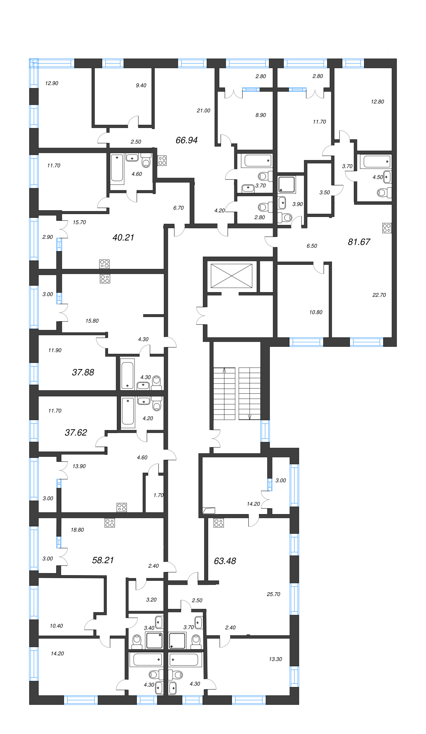 4-комнатная (Евро) квартира, 66.95 м² - планировка этажа
